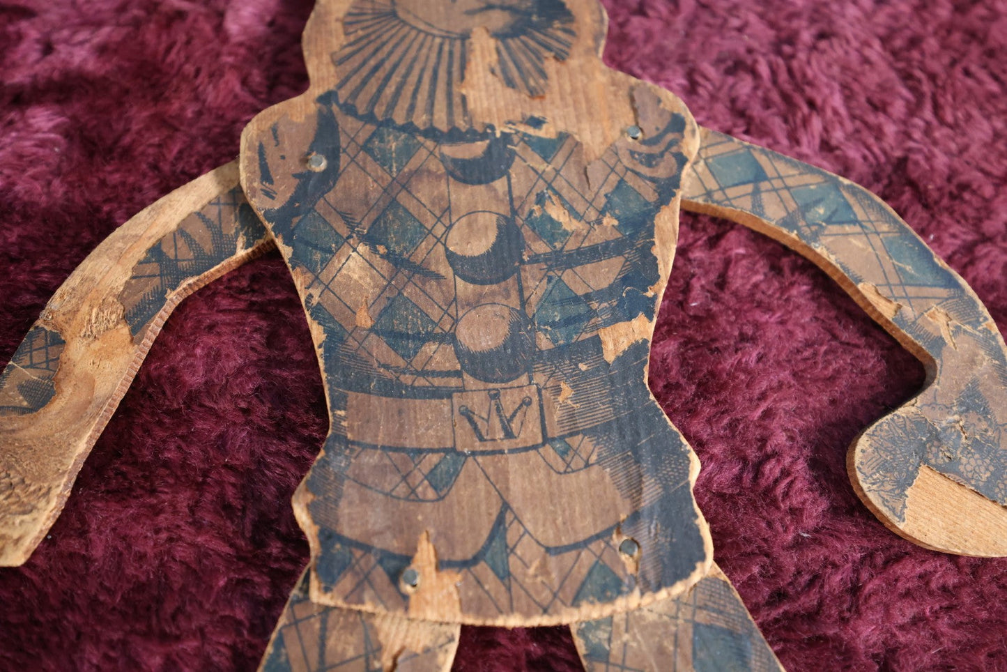 Lot 118 - Antique Jointed Wooden Clown Toy, Paper On Wood, Losses To Paper