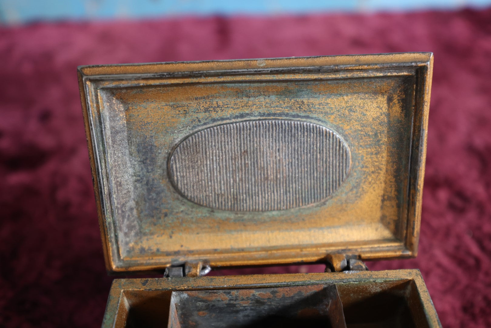 Lot 031 - Antique Pot Metal Match Safe With Cupid Motif, Ornate With Match Strike And Small Box On The Inside, Feet, Etc