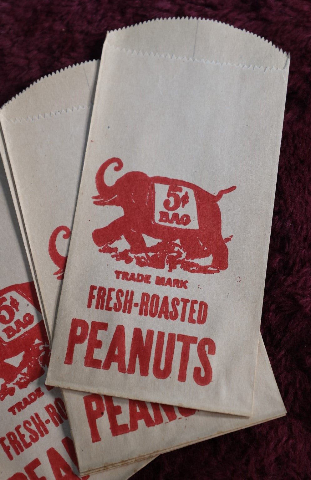 Lot 165 - Grouping Of Ten Antique Fresh Roasted Circus Peanuts Bags, Elephant On Bag, New Old Stock