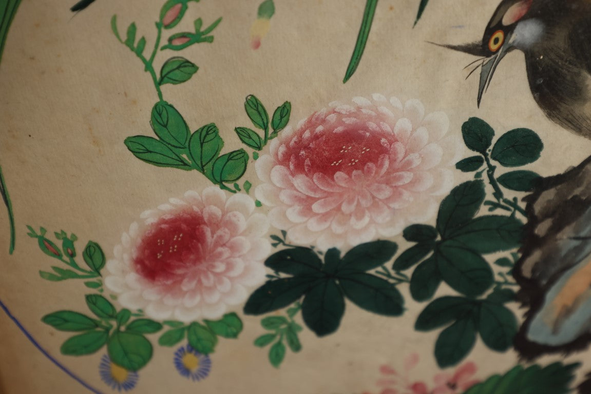 Lot 046 - Antique Watercolor Theorem Painting Of Flowers, Bird, In Frame