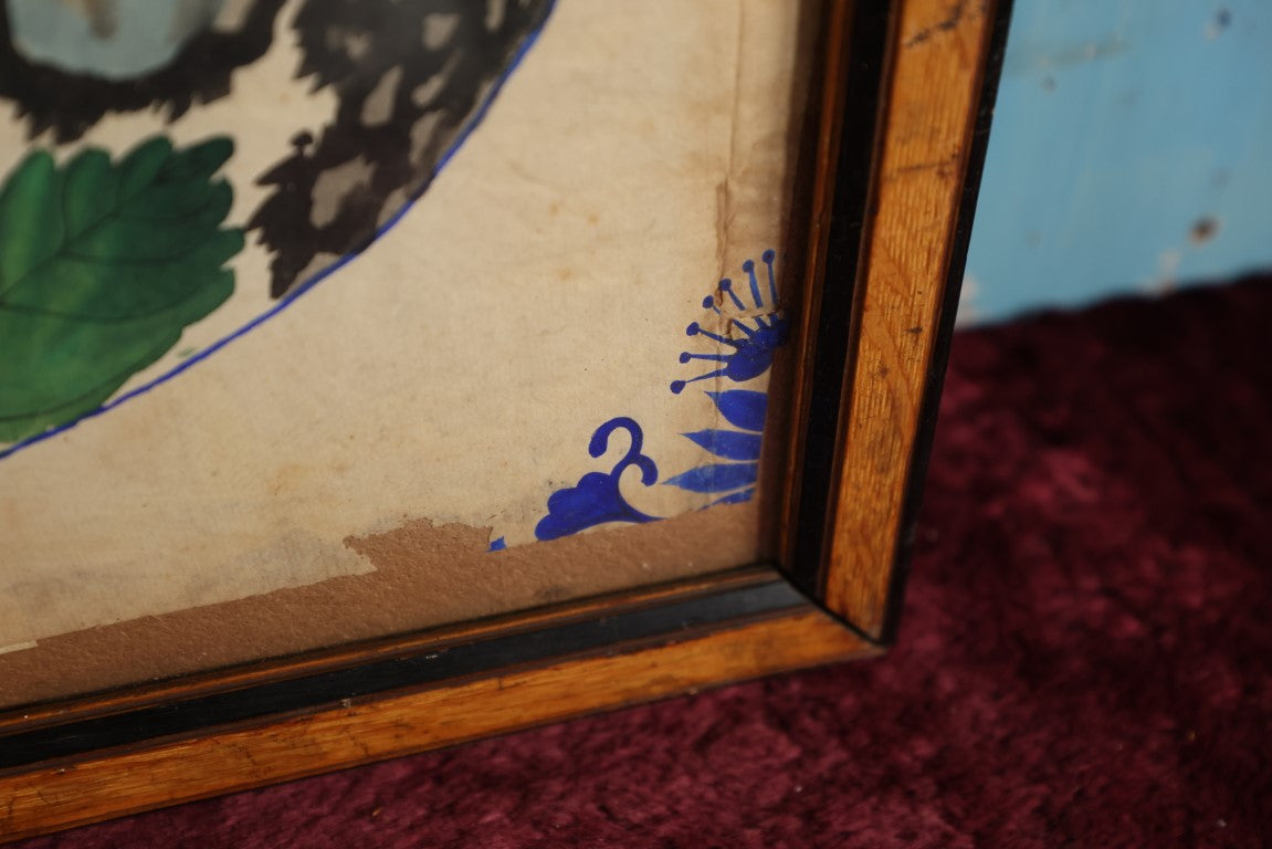 Lot 046 - Antique Watercolor Theorem Painting Of Flowers, Bird, In Frame