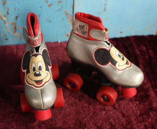 Lot 066 - Vintage Mickey Mouse Silver And Red Youth Rollerskates, Pair