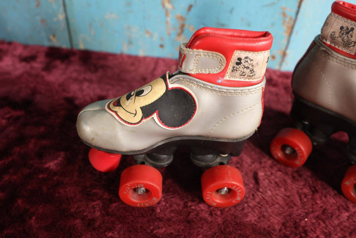 Lot 066 - Vintage Mickey Mouse Silver And Red Youth Rollerskates, Pair