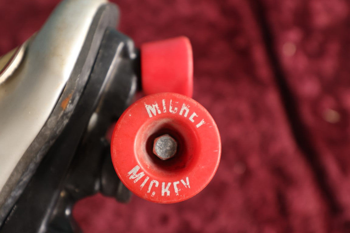Lot 066 - Vintage Mickey Mouse Silver And Red Youth Rollerskates, Pair