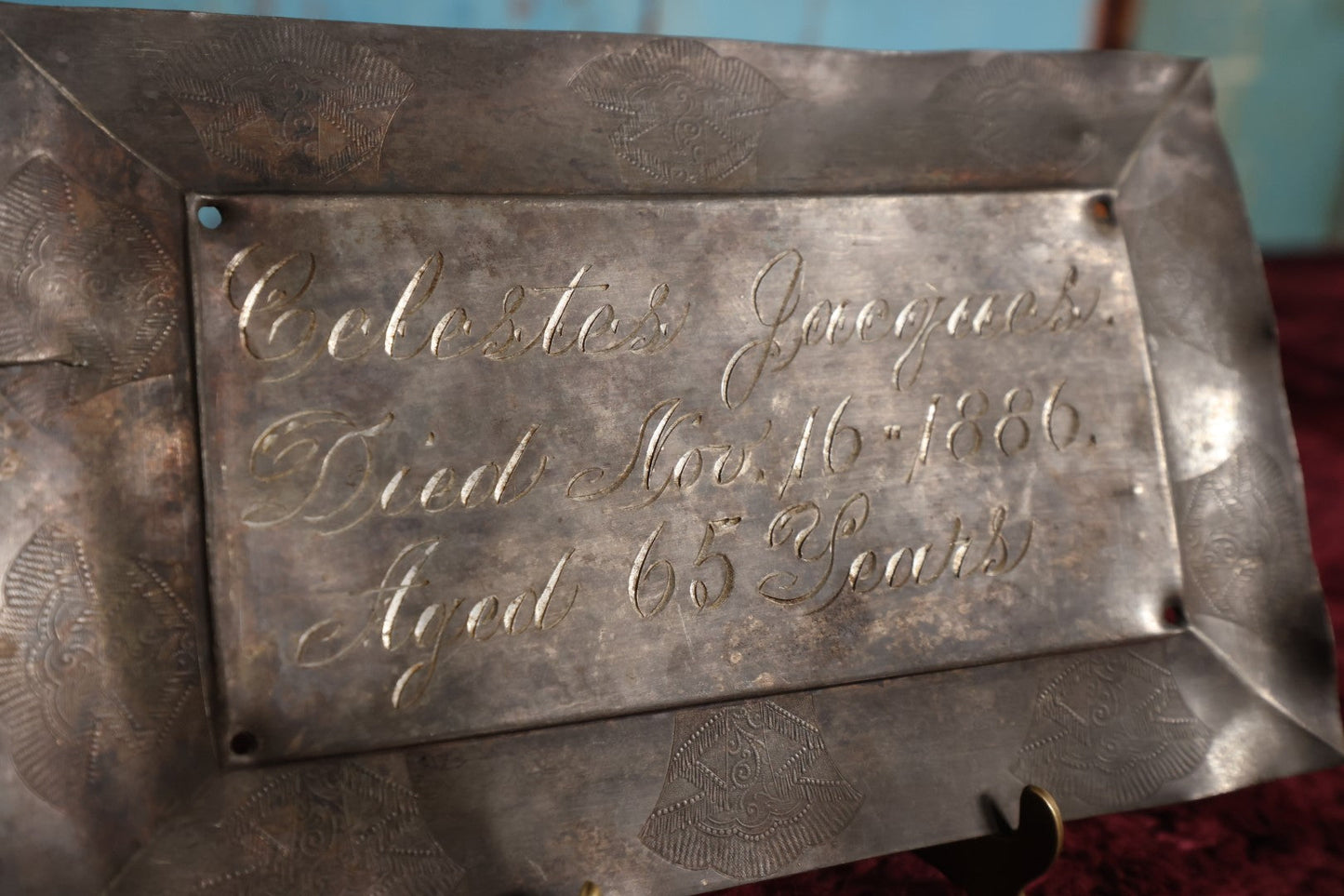 Lot 015 - Antique Casket Plaque For Celestes Jacques, Died November 16, 1886, Age 65 Years, Note Warping