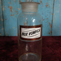 Lot 030 - Antique Nux Vomica (Strychnine) Apothecary Bottle With Glass Label, Stopper, Approximately 9.5", Homeopathic Medicine