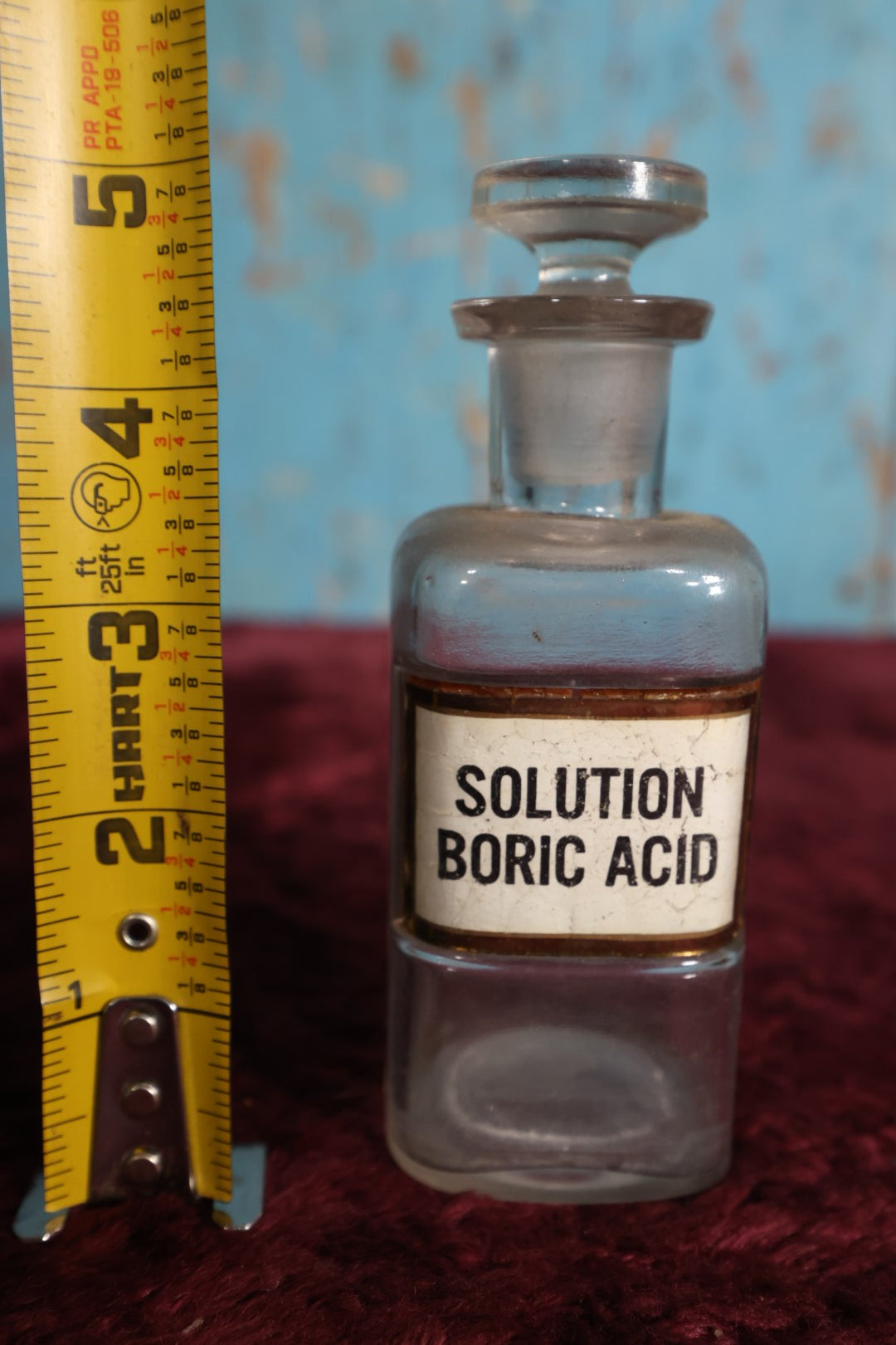 Lot 040 - Antique Boric Acid Solution Apothecary Bottle With Glass Label, Stopper, Approximately 5", Antiseptic, Eye Wash, Skin Cleanser