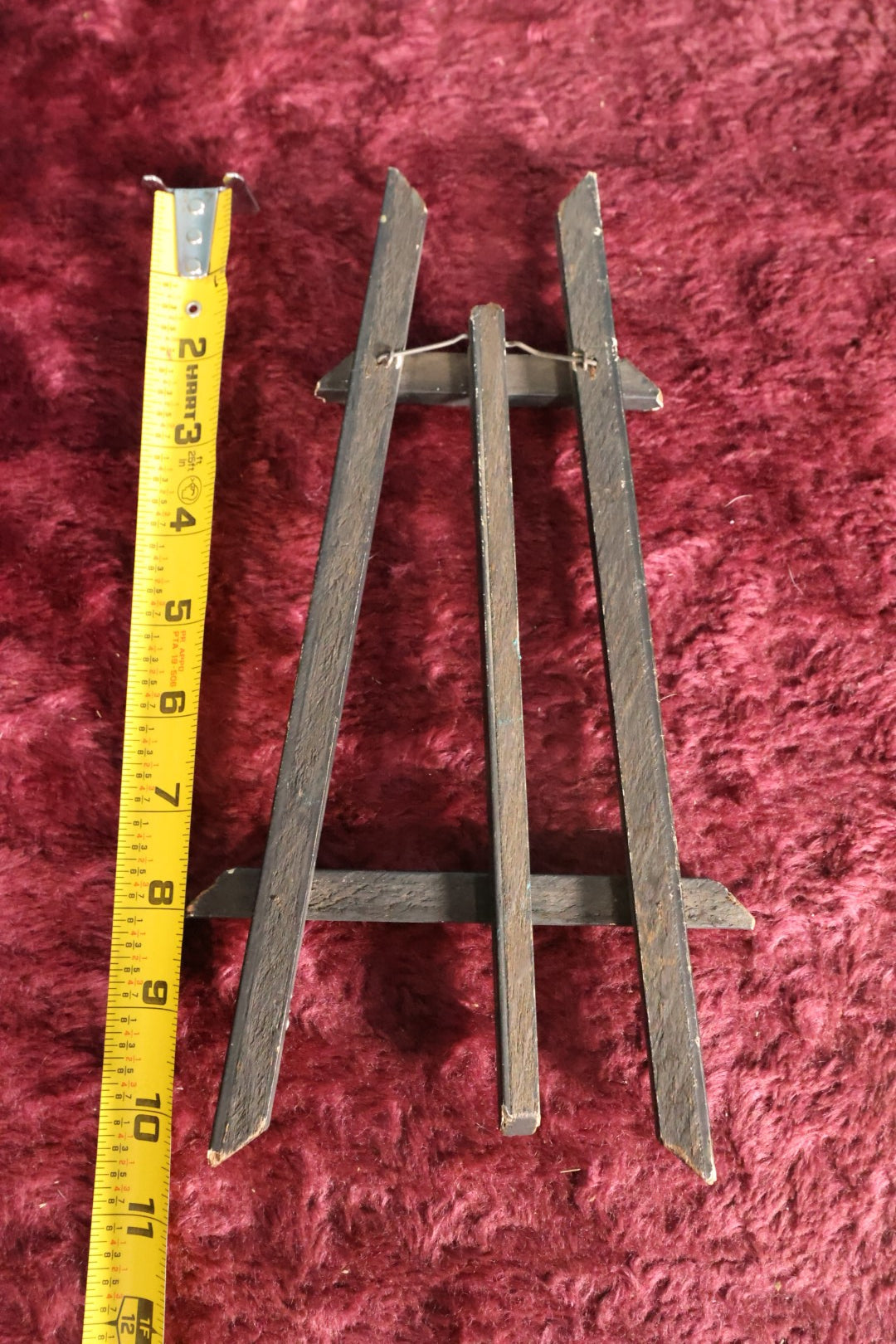 Lot 052 - Antique Delicate Wooden Easel With Black Paint, White Engraved Design, Kickstand - Approximately 10" (Smaller of Two)