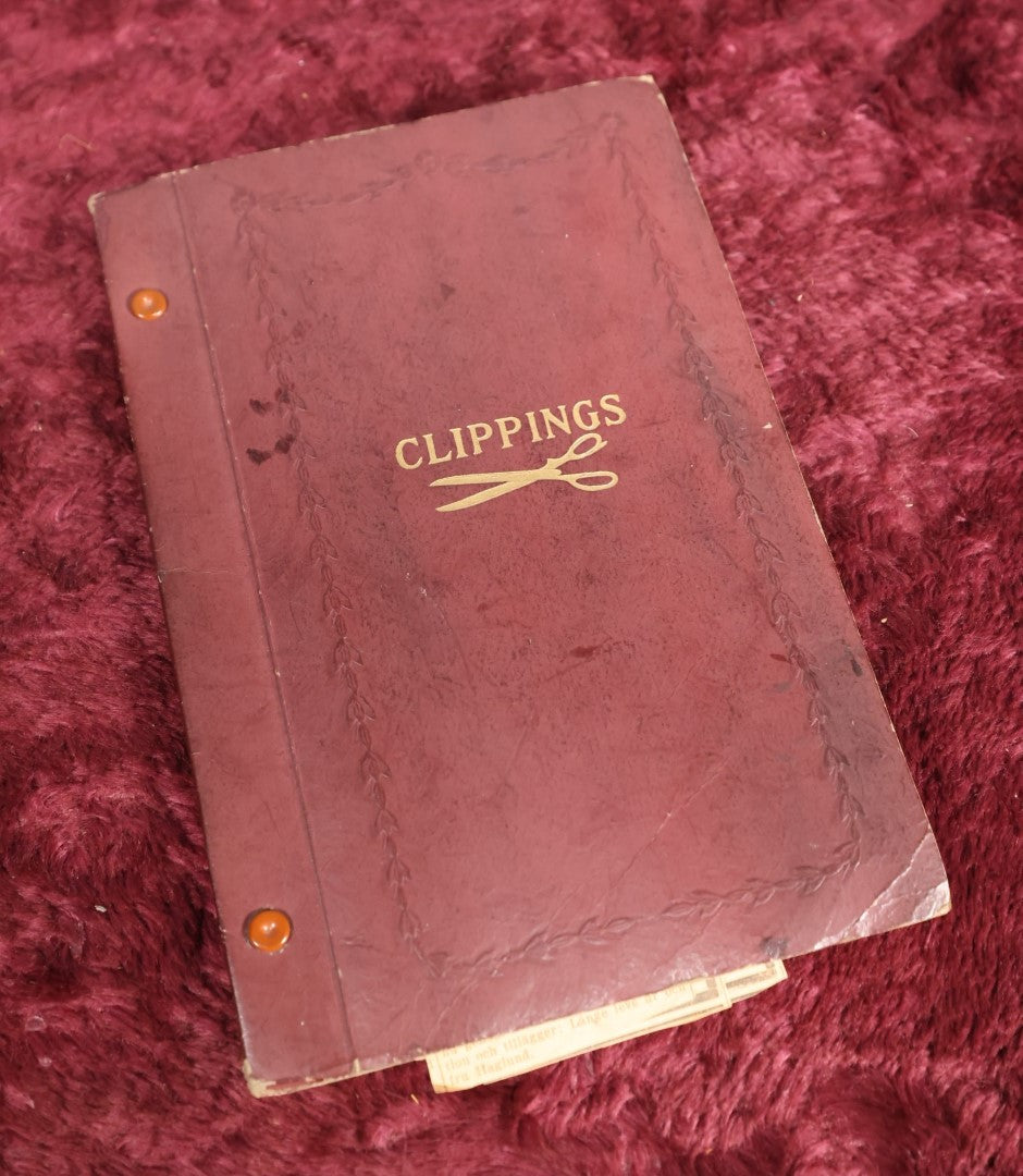 Lot 116 - Unique Vintage Clippings Scrapbook With Scissors On Cover, Interesting Topics Such As Lindbergh, Champion Wood Chopper, Gold Nugget Farm, Spencer, Massachusetts