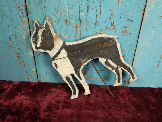 Lot 035 - Antique Folk Art Boston Terrier Wood Cut Lawn Ornament, Hand Painted, Hand Cut, With Metal Stake, Rough Condition, Splits