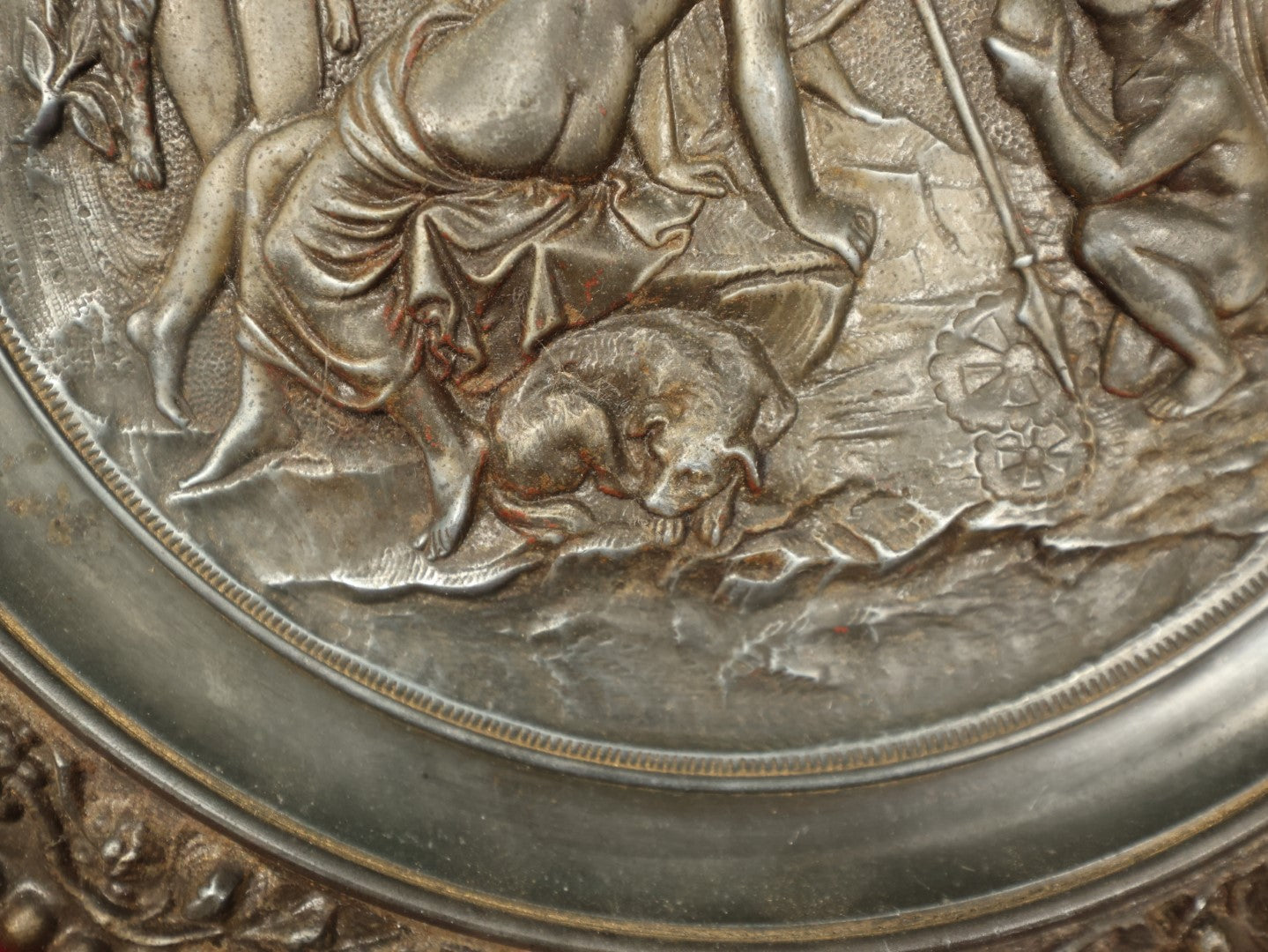 Lot 042 - Antique Cast Metal Wall Hanging Plaque Displaying Greek Or Roman Mythological Scene, Nude Woman, Dog, Boy With Pointy Ears And Tail Making Offering