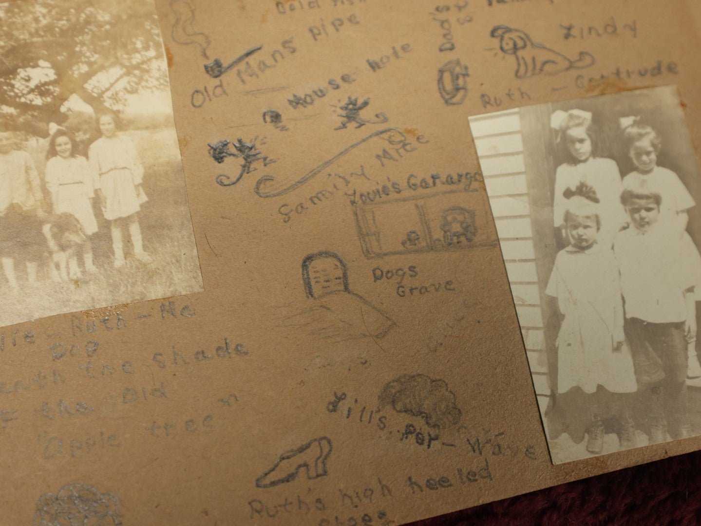 Lot 154 - Grouping Of Five Plus Pages From Photo Scrapbook Of Young Children With Pencil Writing, Small Illustrations, Including Dog's Grave, Photos Of Twins, Early 20th Century