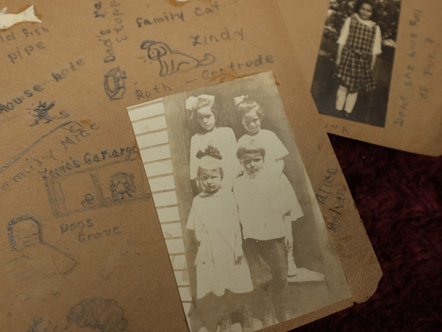 Lot 154 - Grouping Of Five Plus Pages From Photo Scrapbook Of Young Children With Pencil Writing, Small Illustrations, Including Dog's Grave, Photos Of Twins, Early 20th Century