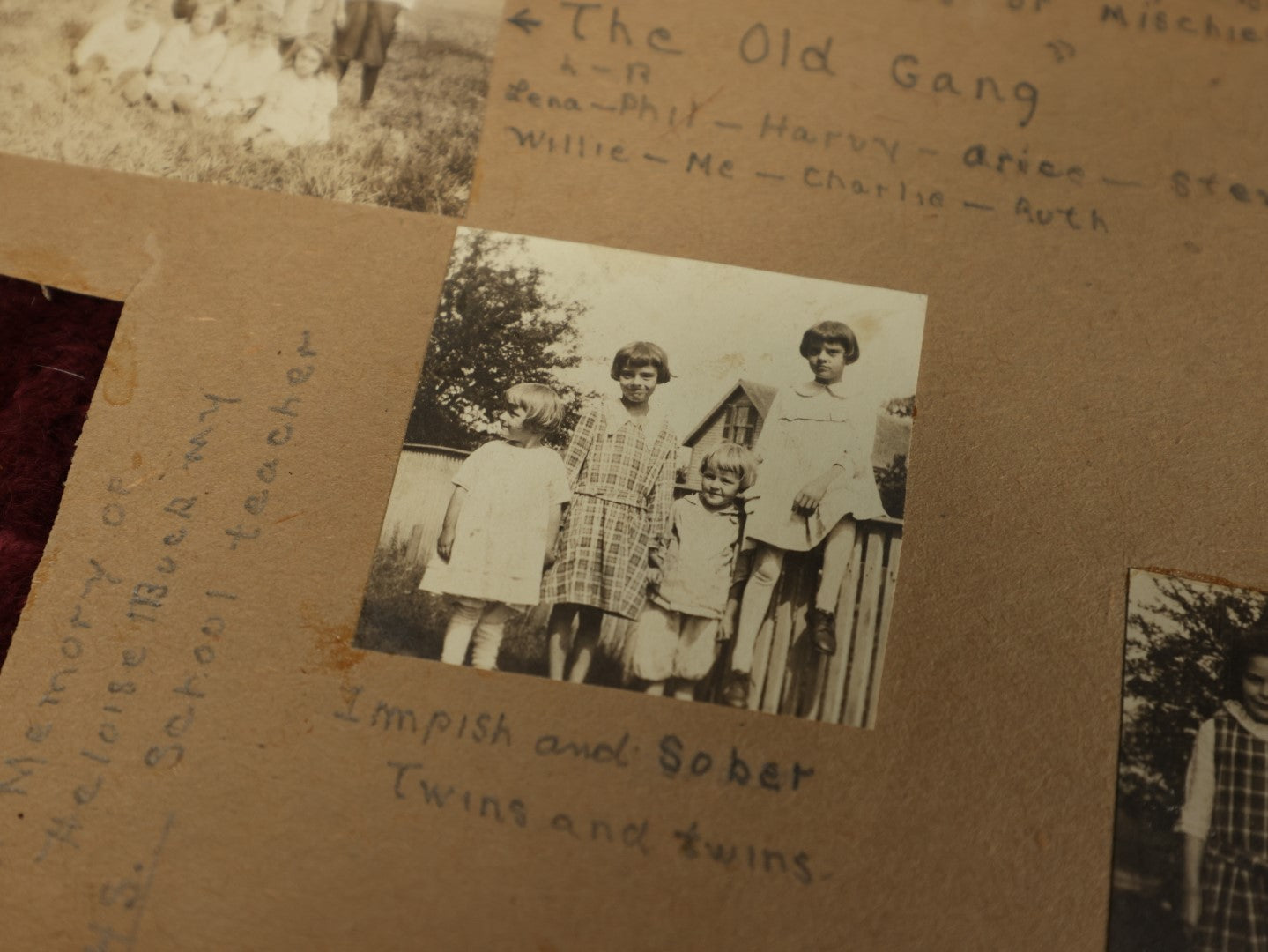 Lot 154 - Grouping Of Five Plus Pages From Photo Scrapbook Of Young Children With Pencil Writing, Small Illustrations, Including Dog's Grave, Photos Of Twins, Early 20th Century