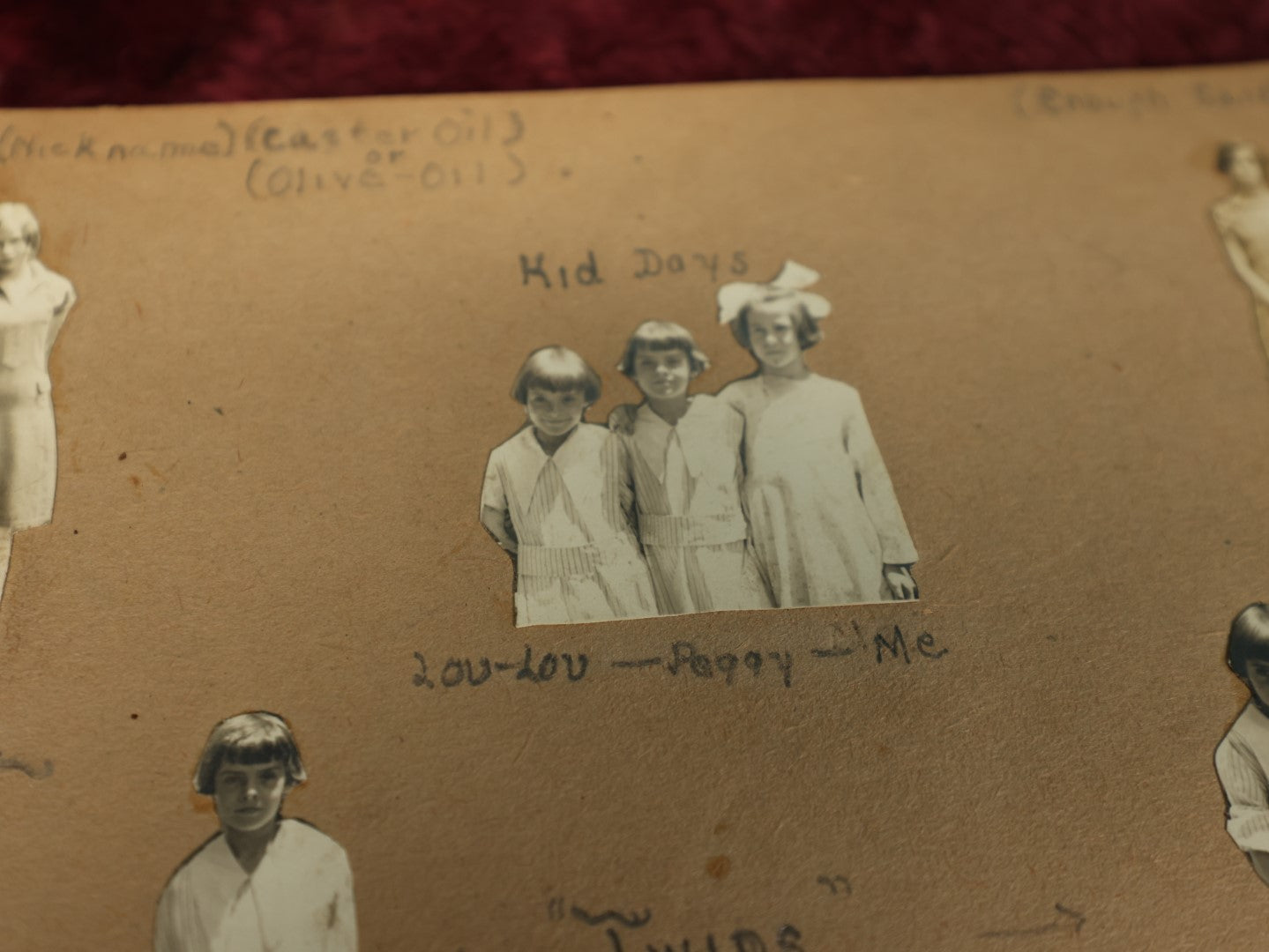 Lot 154 - Grouping Of Five Plus Pages From Photo Scrapbook Of Young Children With Pencil Writing, Small Illustrations, Including Dog's Grave, Photos Of Twins, Early 20th Century