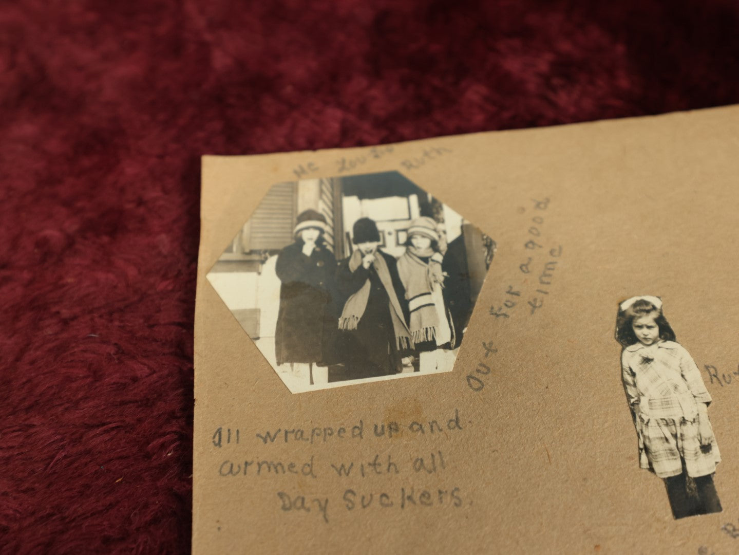 Lot 154 - Grouping Of Five Plus Pages From Photo Scrapbook Of Young Children With Pencil Writing, Small Illustrations, Including Dog's Grave, Photos Of Twins, Early 20th Century