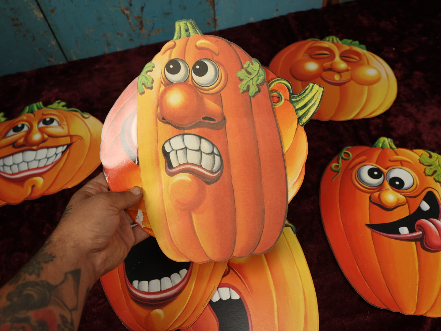 Lot 165 - Grouping Of Six 1997 Beistle Co. Anthropomorphic Jack-O-Lantern Pumpkins Illustrated By Roberts, Plus Two Additional That Are Stuck Together, For Eight Total, Note Some Wear, Losses