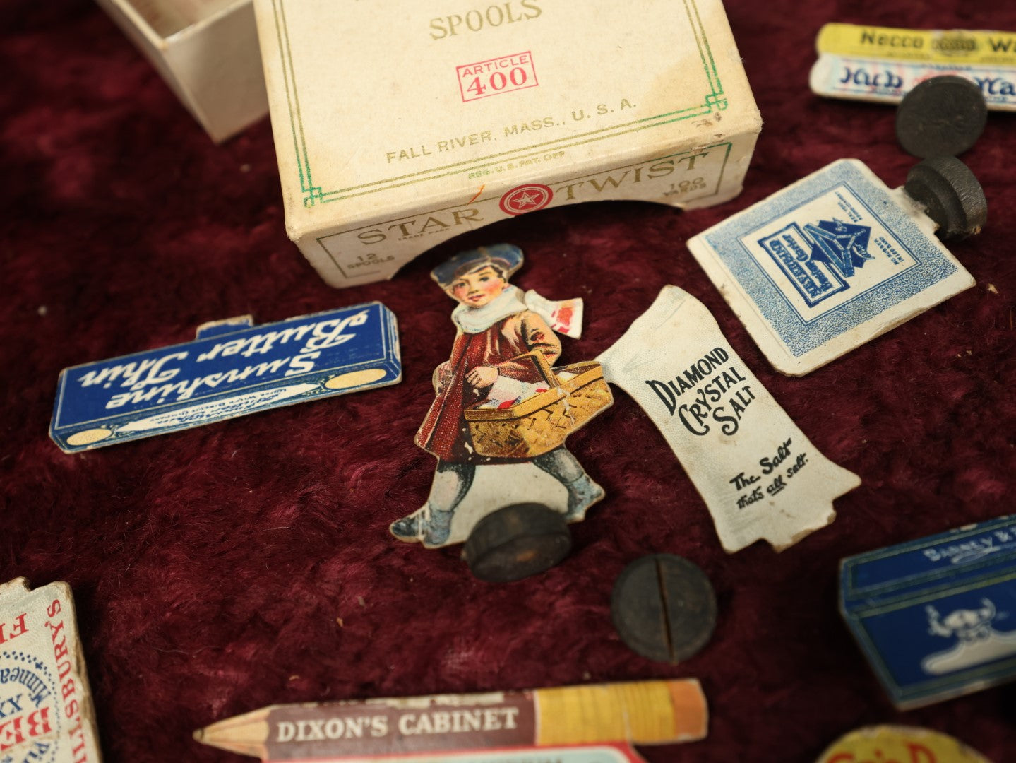 Lot 166 - Grouping Of Advertising Game Pieces In Star Twist Sewing Cotton Box