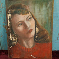 Lot 012 - Vintage Original Portrait Painting Of Pretty Woman With Red Lipstick, Red Sweater, Note Losses To Paint, Flaking, On Board, Signed Paula Halm (?), Hamburg, Pennsylvania