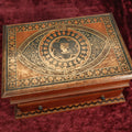 Lot 027 - Vintage Wooden Jewelry Box With Intricate Design, Inlay Styling, Lift Top With Drawer, Green Lining
