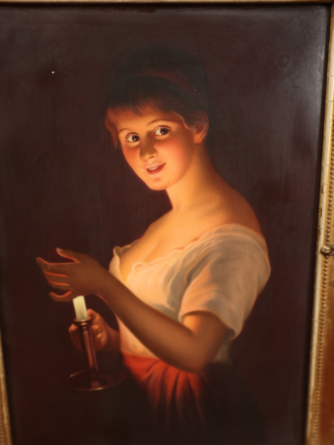Lot 001 - Antique Painted German Porcelain Plaque "Gute Nacht" (Good Night) After George Hom (German, 1838-1911), Woman In Dark Holding Candle, In Frame, Impressed With 311 On Back, Pencil Writing, No Signature 