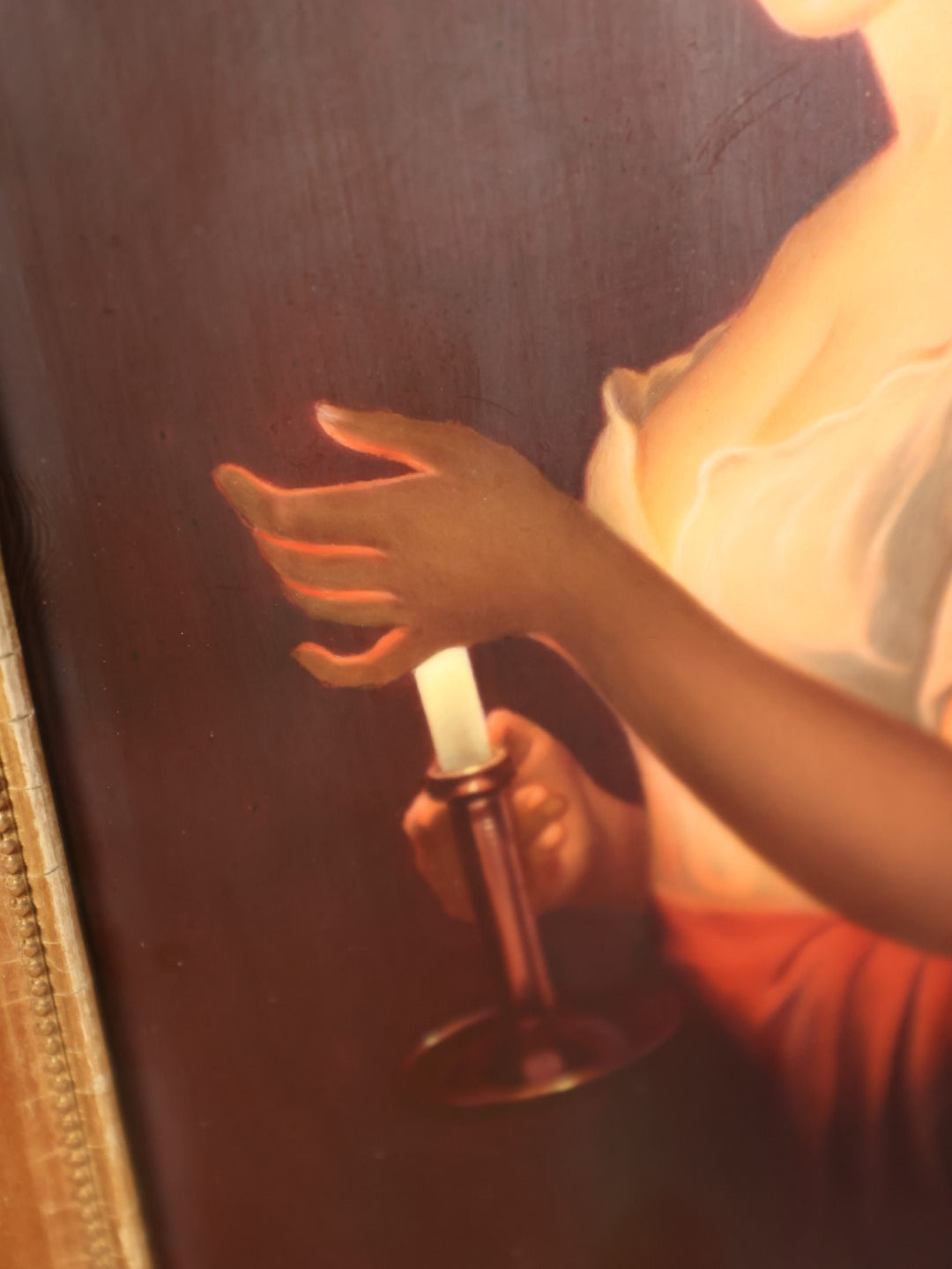 Lot 001 - Antique Painted German Porcelain Plaque "Gute Nacht" (Good Night) After George Hom (German, 1838-1911), Woman In Dark Holding Candle, In Frame, Impressed With 311 On Back, Pencil Writing, No Signature 