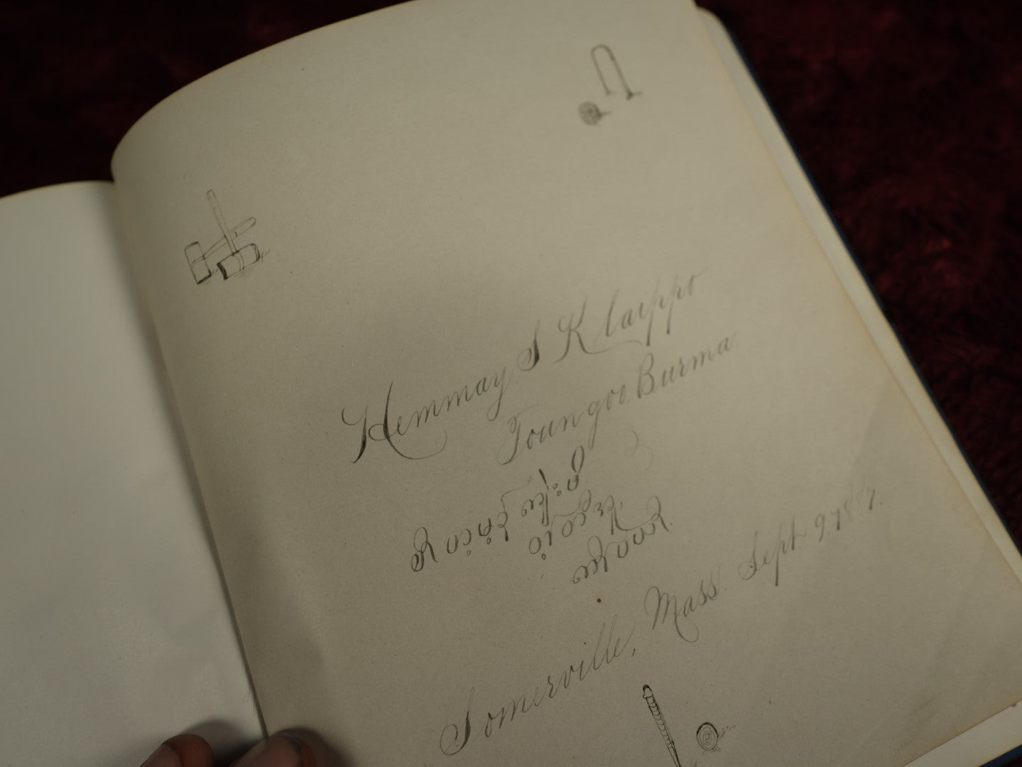 Lot 004 - Important Victorian Autograph Album, Having Belonged To Mrs. Lucinda L. Berry, Including A Signature From Pioneering 19th Century Photographer Amory Nelson Hardy (1835-1911), With Many Other Signatures, Drawings, And Writings