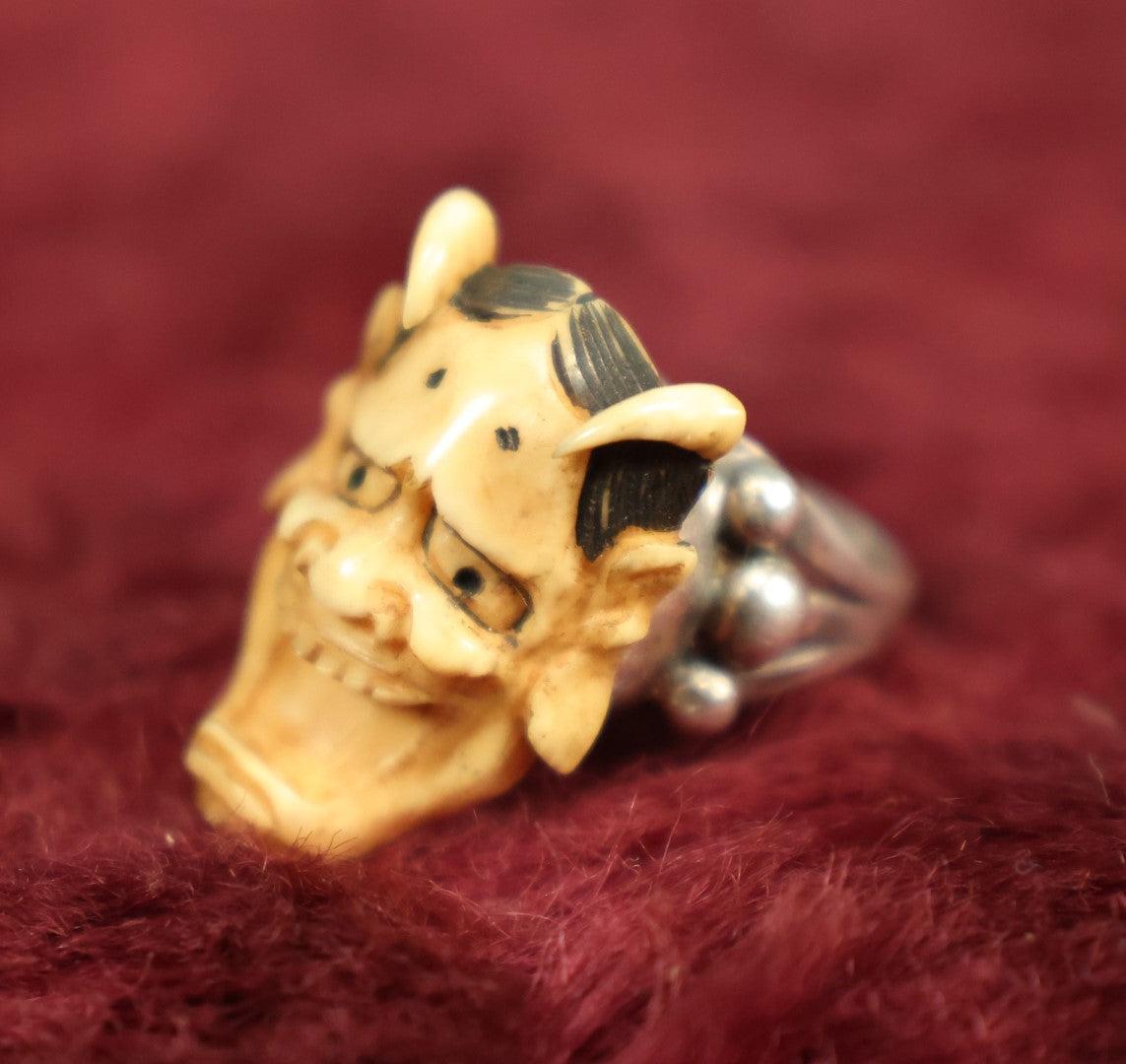 Lot 005 - Antique Carved Bone Japanese Hannya Mask Ring With Sterling Silver Band, Signed, Size 6