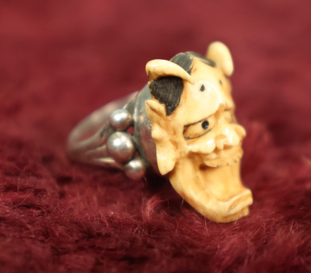 Lot 005 - Antique Carved Bone Japanese Hannya Mask Ring With Sterling Silver Band, Signed, Size 6