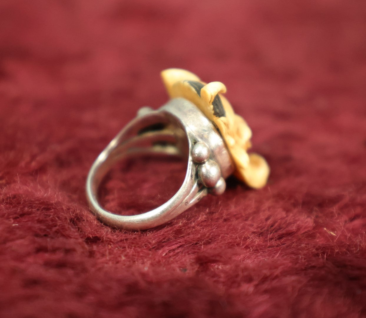 Lot 005 - Antique Carved Bone Japanese Hannya Mask Ring With Sterling Silver Band, Signed, Size 6