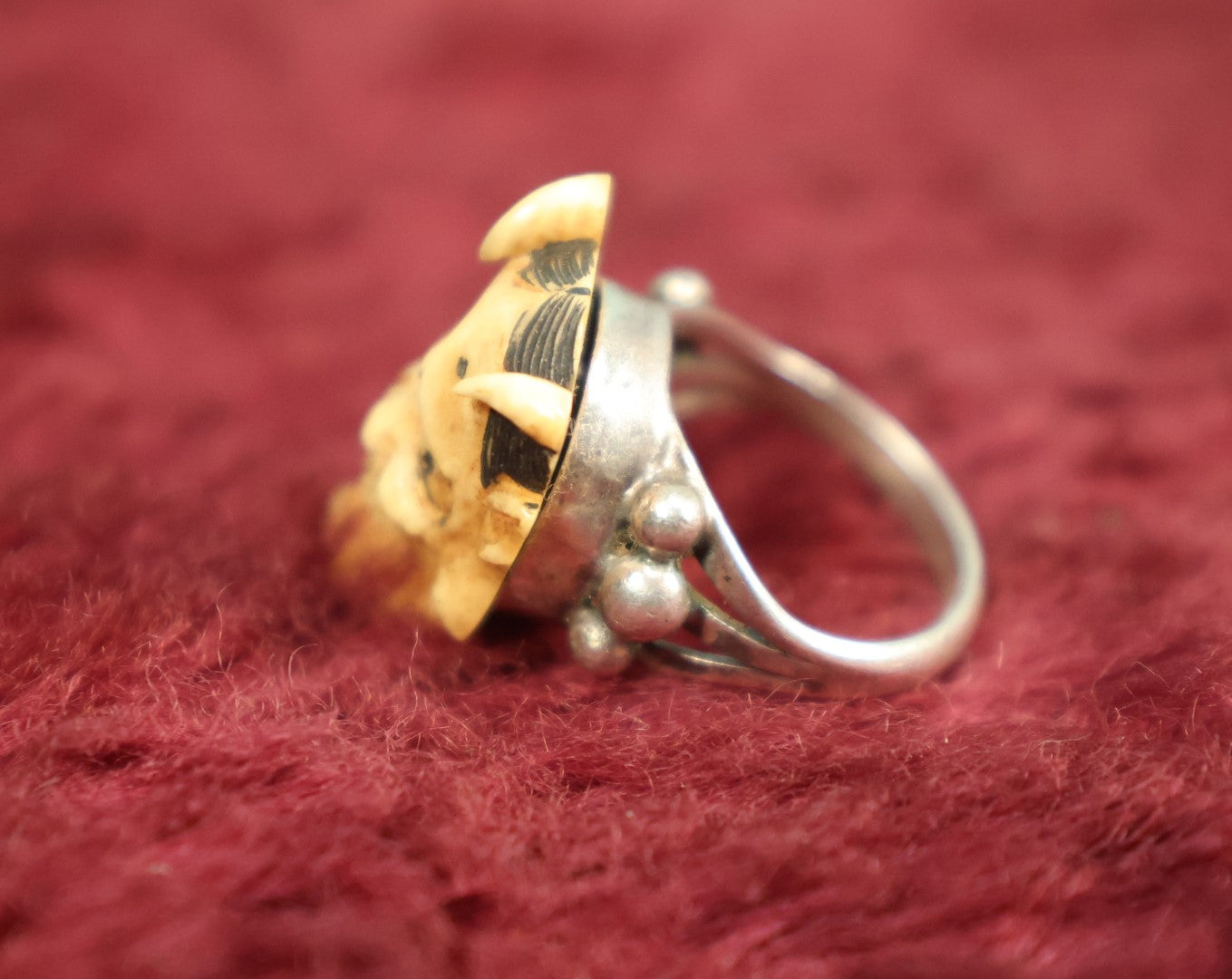 Lot 005 - Antique Carved Bone Japanese Hannya Mask Ring With Sterling Silver Band, Signed, Size 6