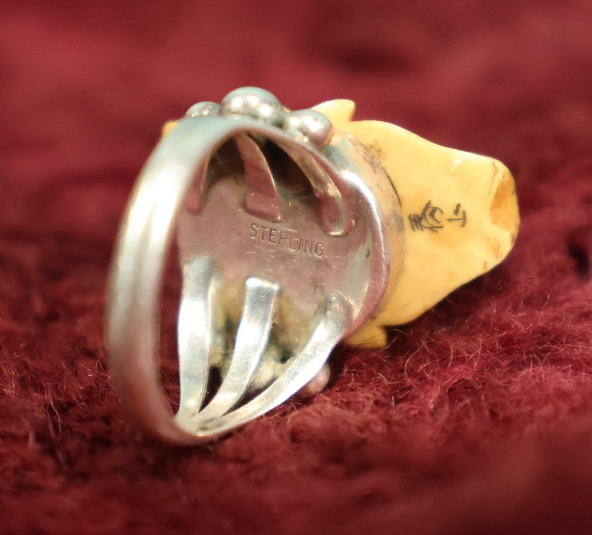 Lot 005 - Antique Carved Bone Japanese Hannya Mask Ring With Sterling Silver Band, Signed, Size 6
