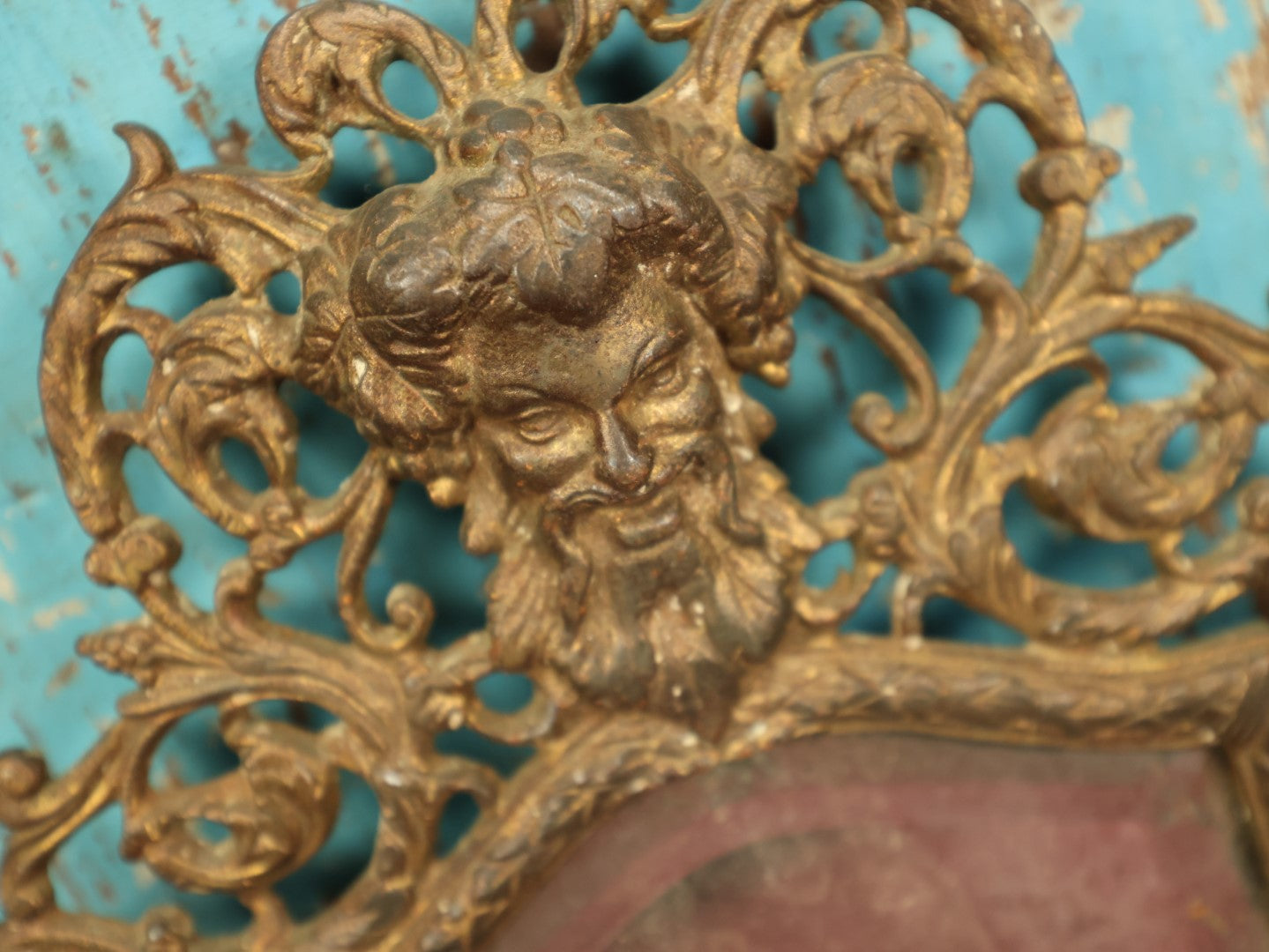 Lot 007 - Antique Cast Brass Bacchus, The Wine God, Ornate Wall Hanging Mirror With Tapered Candle Holders, Beveled Mirror, Note Heavy Deterioration Of Mirror