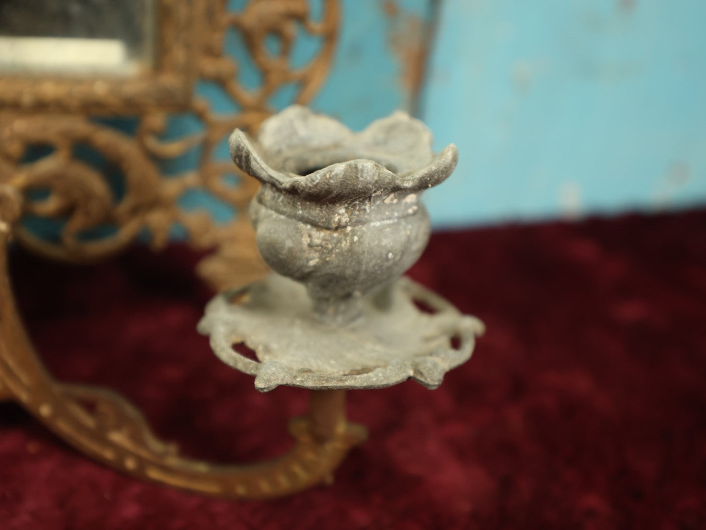 Lot 007 - Antique Cast Brass Bacchus, The Wine God, Ornate Wall Hanging Mirror With Tapered Candle Holders, Beveled Mirror, Note Heavy Deterioration Of Mirror