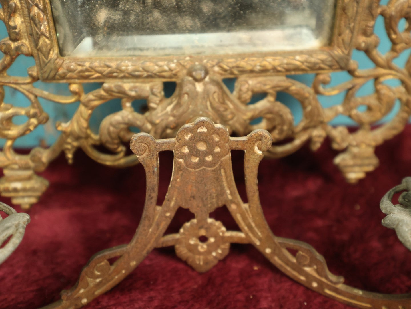 Lot 007 - Antique Cast Brass Bacchus, The Wine God, Ornate Wall Hanging Mirror With Tapered Candle Holders, Beveled Mirror, Note Heavy Deterioration Of Mirror
