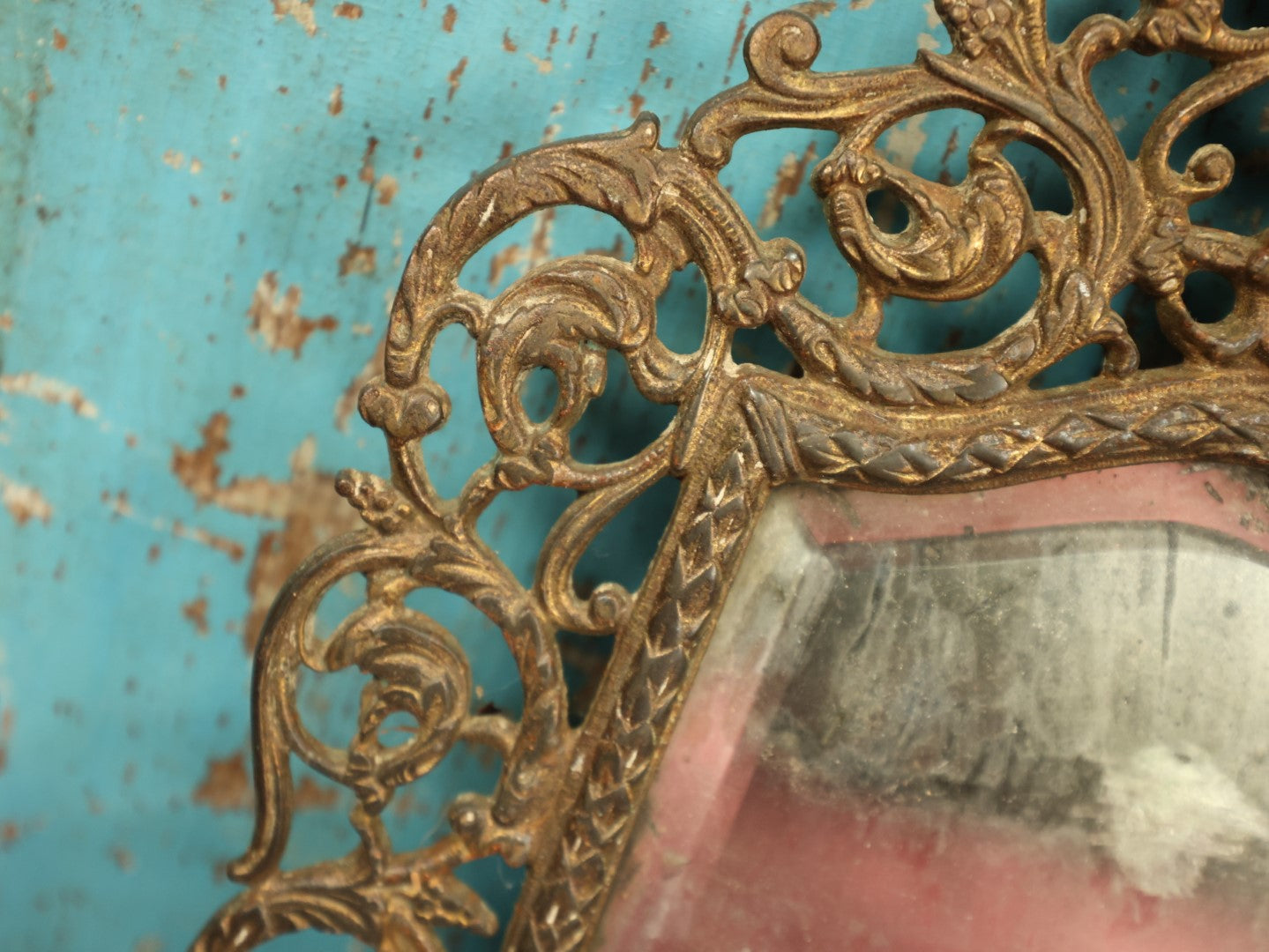 Lot 007 - Antique Cast Brass Bacchus, The Wine God, Ornate Wall Hanging Mirror With Tapered Candle Holders, Beveled Mirror, Note Heavy Deterioration Of Mirror