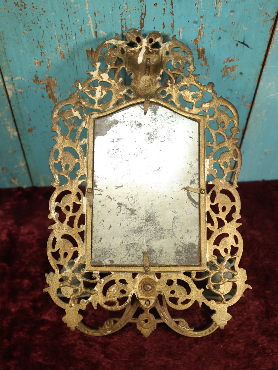 Lot 007 - Antique Cast Brass Bacchus, The Wine God, Ornate Wall Hanging Mirror With Tapered Candle Holders, Beveled Mirror, Note Heavy Deterioration Of Mirror