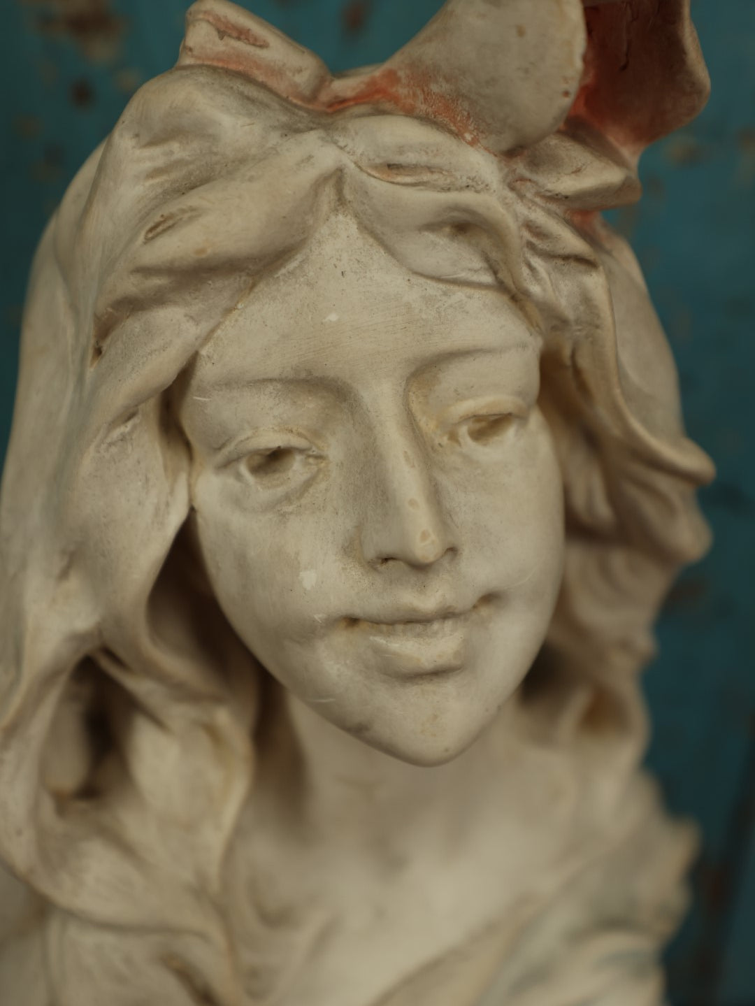 Lot 009 - Antique Art Nouveau Chalkware Plaster Bust Of Woman With Roses, White With Blue And Pink Paint, Marked Cb 130