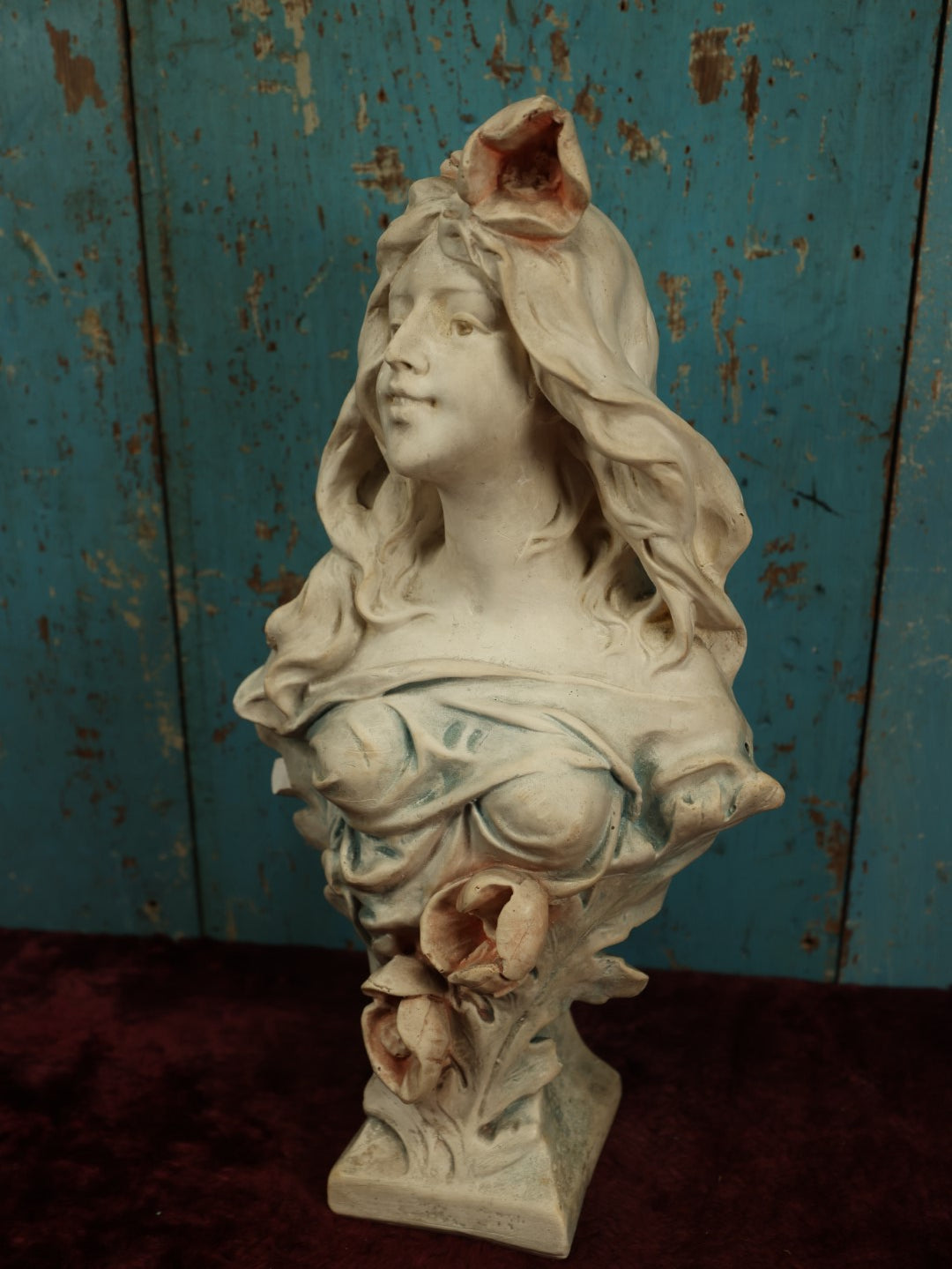 Lot 009 - Antique Art Nouveau Chalkware Plaster Bust Of Woman With Roses, White With Blue And Pink Paint, Marked Cb 130