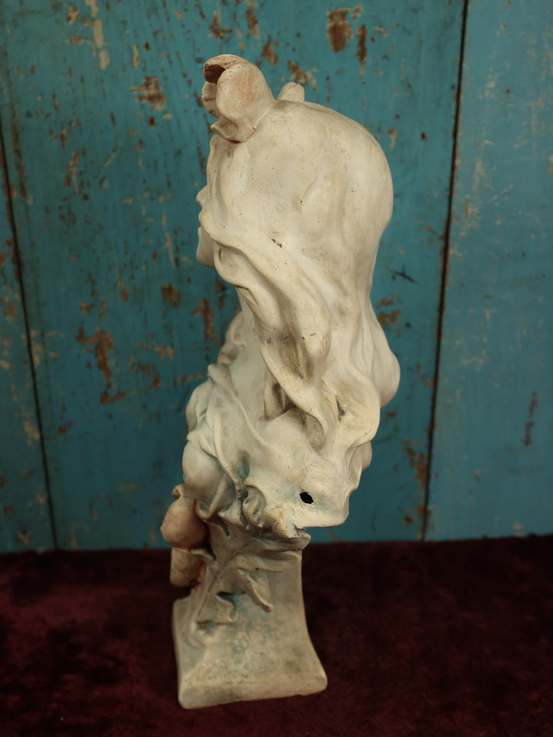 Lot 009 - Antique Art Nouveau Chalkware Plaster Bust Of Woman With Roses, White With Blue And Pink Paint, Marked Cb 130
