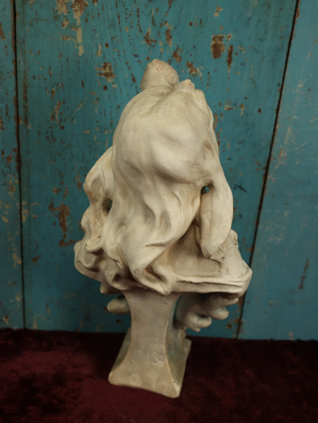 Lot 009 - Antique Art Nouveau Chalkware Plaster Bust Of Woman With Roses, White With Blue And Pink Paint, Marked Cb 130