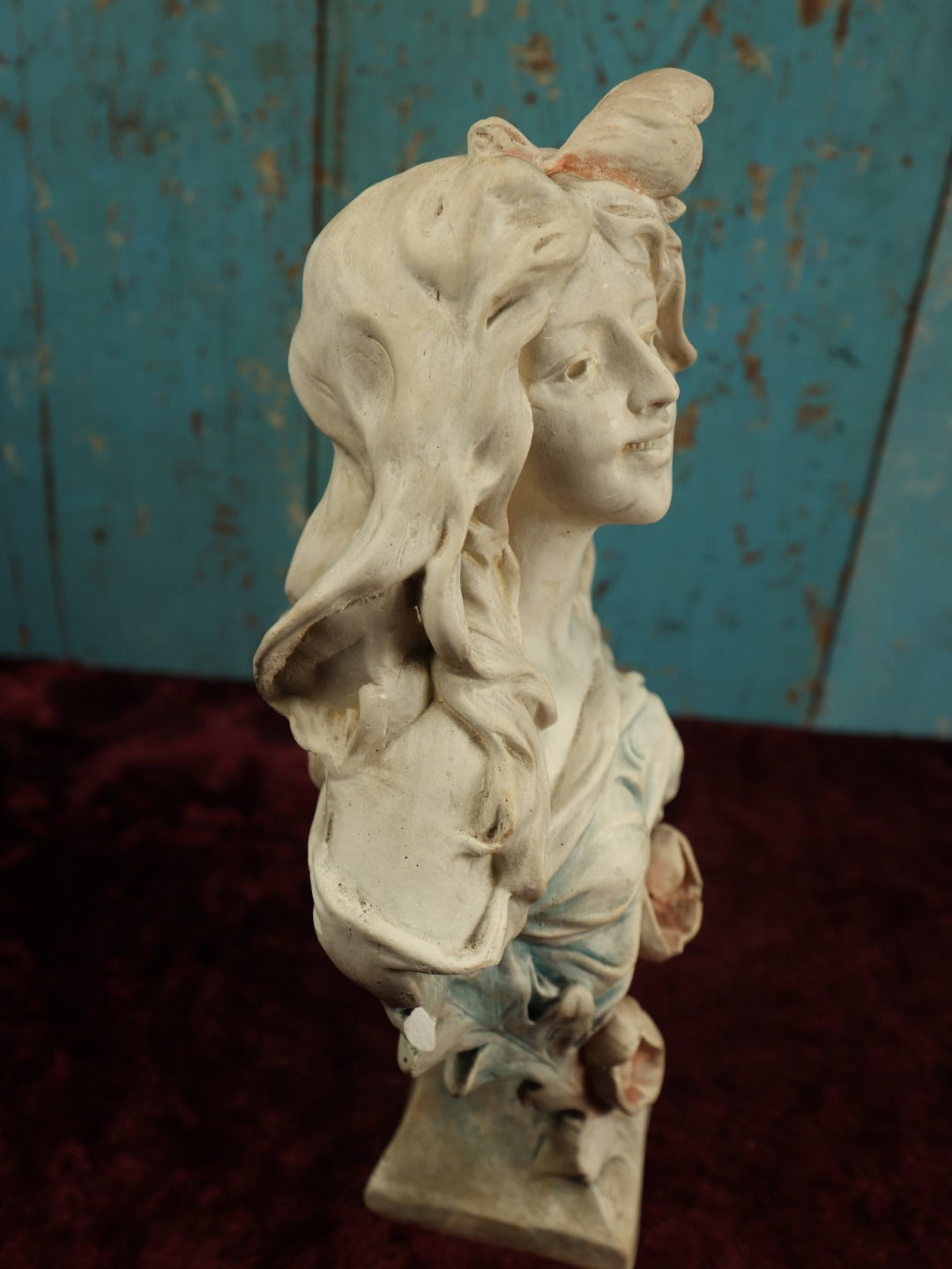 Lot 009 - Antique Art Nouveau Chalkware Plaster Bust Of Woman With Roses, White With Blue And Pink Paint, Marked Cb 130