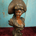 Lot 010 - Antique Art Nouveau Chalkware Plaster Bust Of Smiling Woman In Large Hat, After George Van Der Straeten (Belgian, 1856-1941), Paper Label Marked Boston On Bottom
