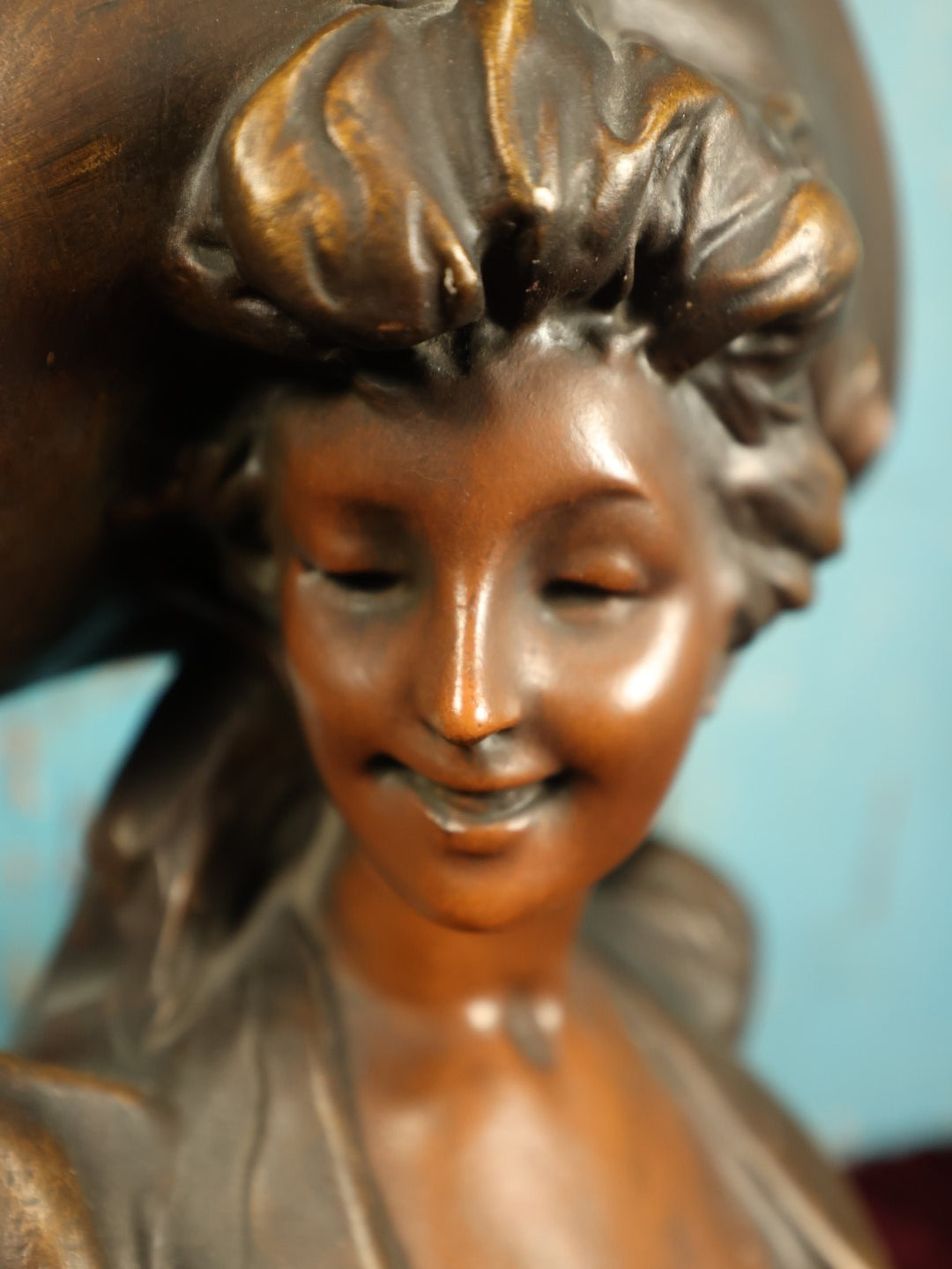Lot 010 - Antique Art Nouveau Chalkware Plaster Bust Of Smiling Woman In Large Hat, After George Van Der Straeten (Belgian, 1856-1941), Paper Label Marked Boston On Bottom