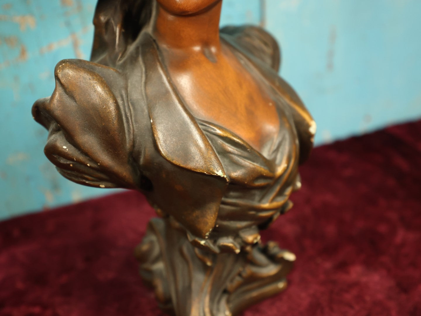 Lot 010 - Antique Art Nouveau Chalkware Plaster Bust Of Smiling Woman In Large Hat, After George Van Der Straeten (Belgian, 1856-1941), Paper Label Marked Boston On Bottom