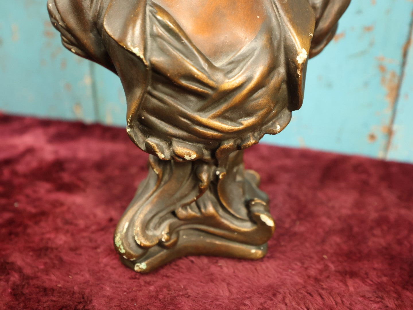 Lot 010 - Antique Art Nouveau Chalkware Plaster Bust Of Smiling Woman In Large Hat, After George Van Der Straeten (Belgian, 1856-1941), Paper Label Marked Boston On Bottom