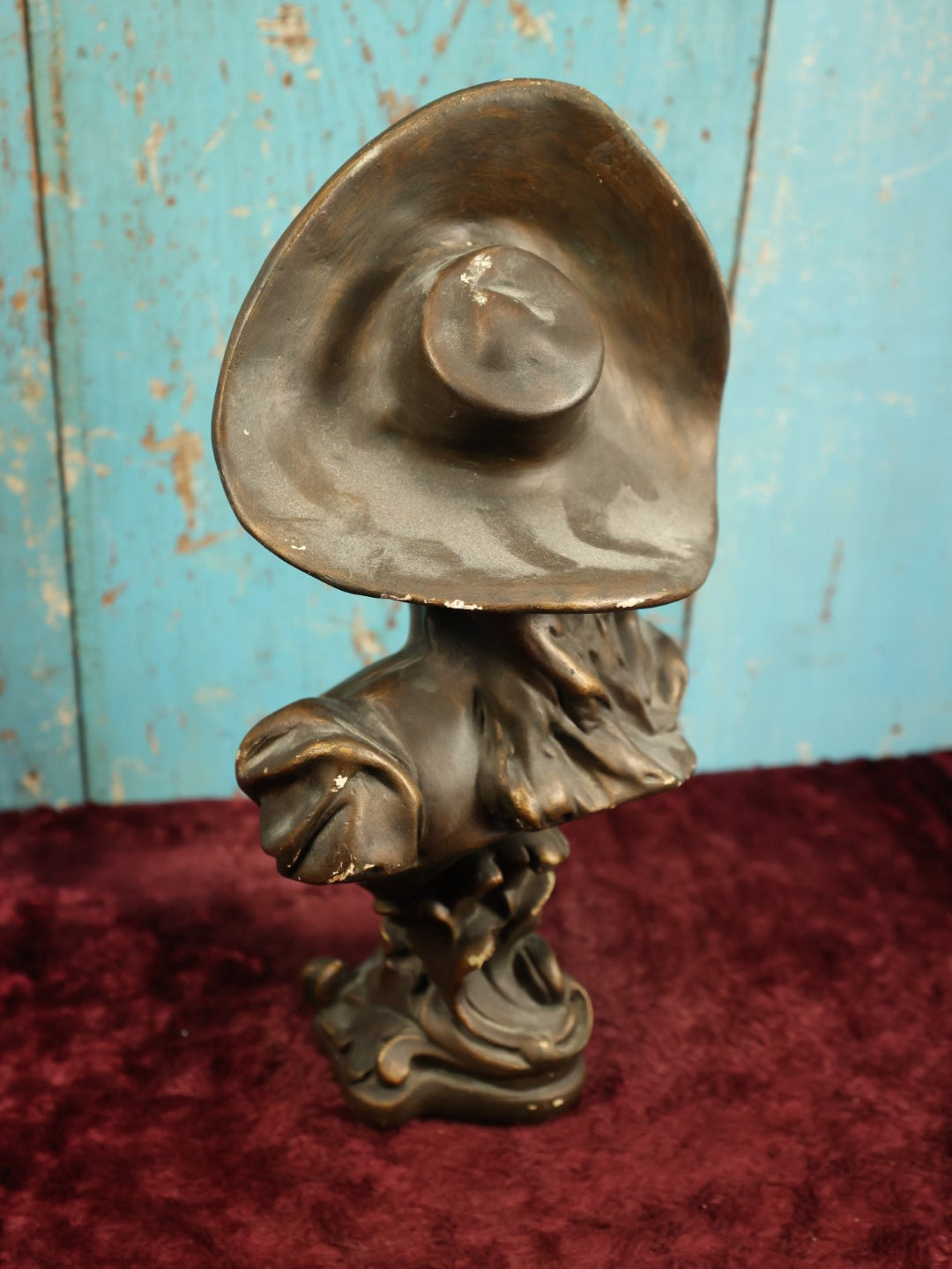 Lot 010 - Antique Art Nouveau Chalkware Plaster Bust Of Smiling Woman In Large Hat, After George Van Der Straeten (Belgian, 1856-1941), Paper Label Marked Boston On Bottom