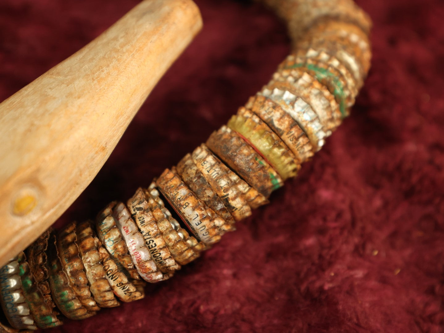 Lot 016 - Vintage Folk Art Bottlecap Snake With Carved Head And Tail, Many Bottle Caps Strung On Wire