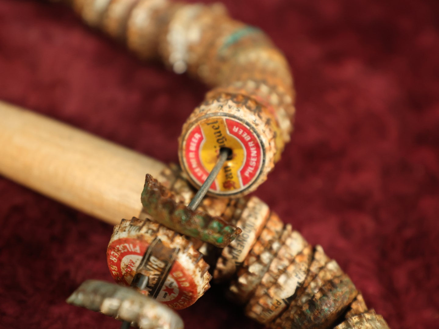 Lot 016 - Vintage Folk Art Bottlecap Snake With Carved Head And Tail, Many Bottle Caps Strung On Wire