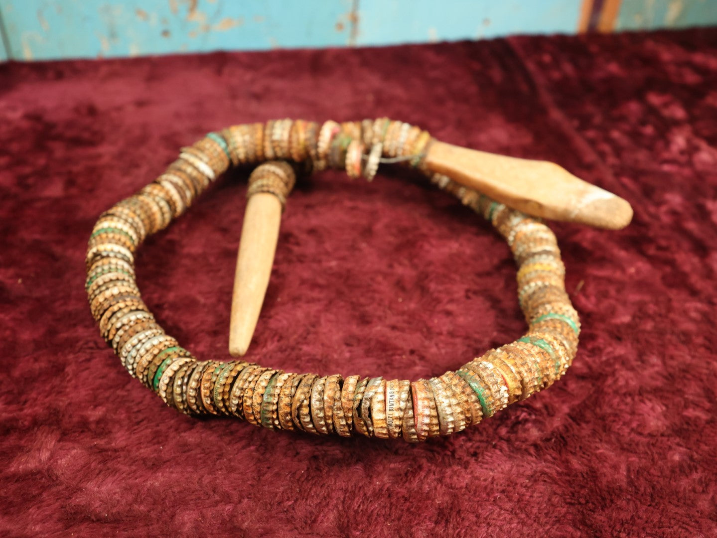 Lot 016 - Vintage Folk Art Bottlecap Snake With Carved Head And Tail, Many Bottle Caps Strung On Wire